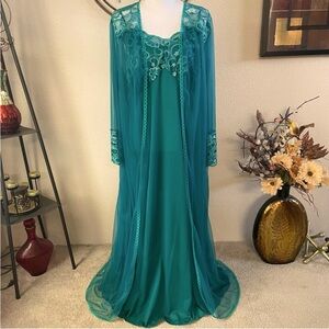 NWT Emerald Green Chiffon Long Maxi Slip Dress Nightgown Robe Peignoir Set